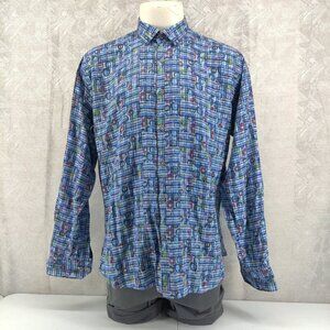 Visconti Black Shirt Mens XL Blue Plaid Abstract Pattern Button Up Long Sleeve